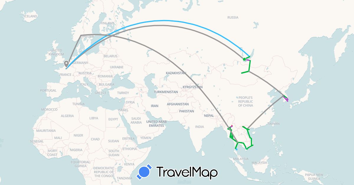 TravelMap itinerary: bus, plane, train, hiking, boat, motorbike in France, Cambodia, South Korea, Myanmar (Burma), Mongolia, Norway, Russia, Thailand, Vietnam (Asia, Europe)